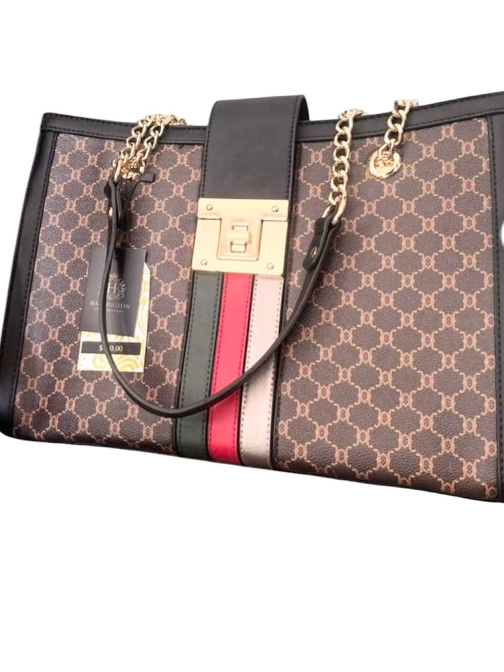 Brown Tote with Red & Green Stripe